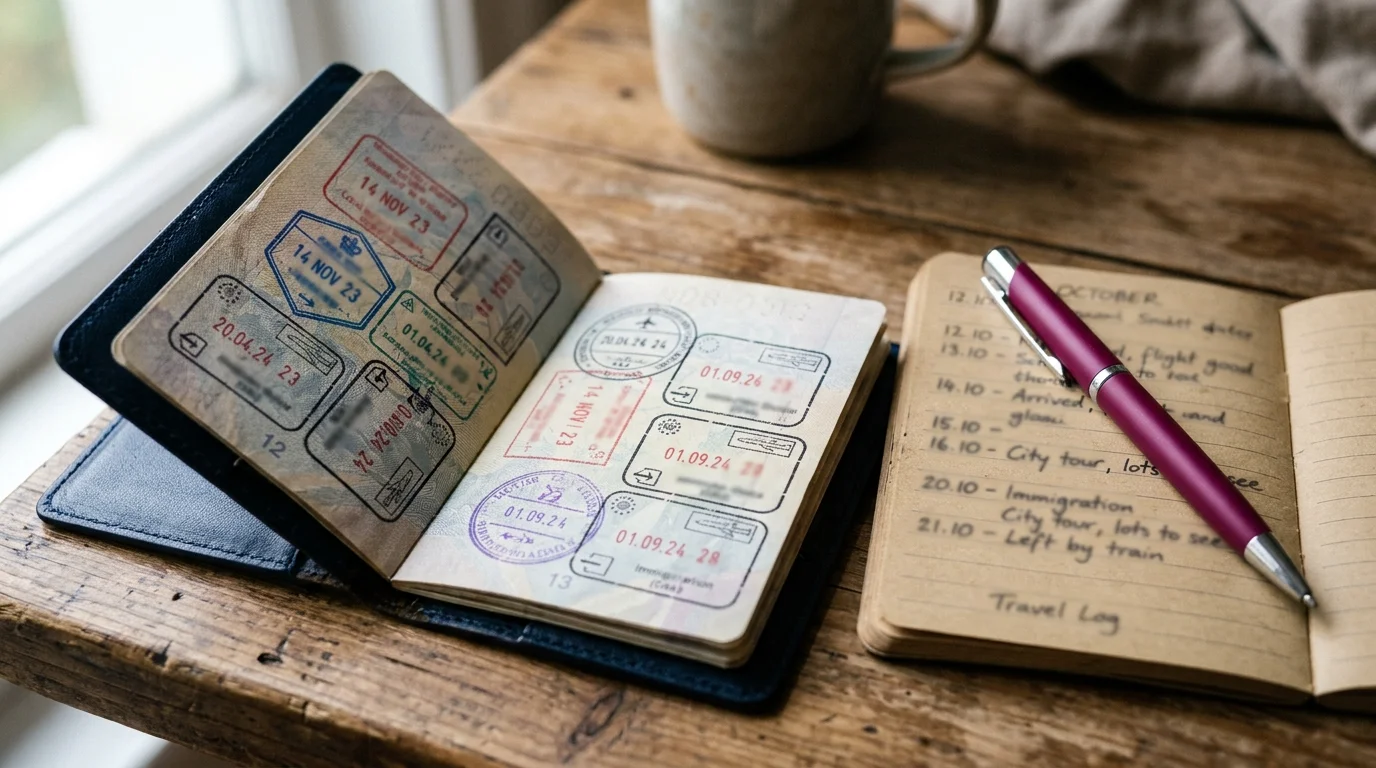 Pasaporte abierto con sellos de entrada y una libreta con fechas anotadas